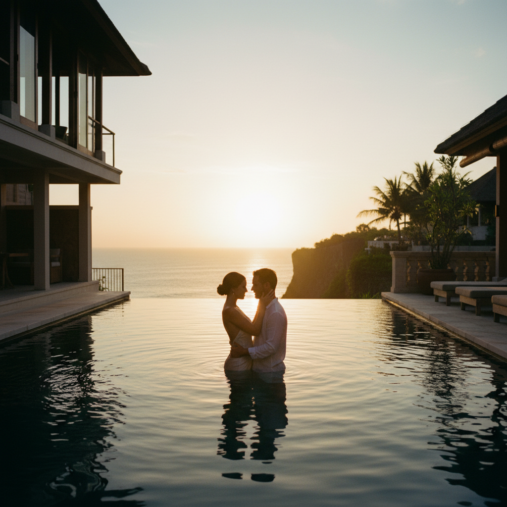 Bali luxury honeymoon couple at sunset on Uluwatu cliff villa private pool overlooking Indian Ocean during seven day intimacy itinerary