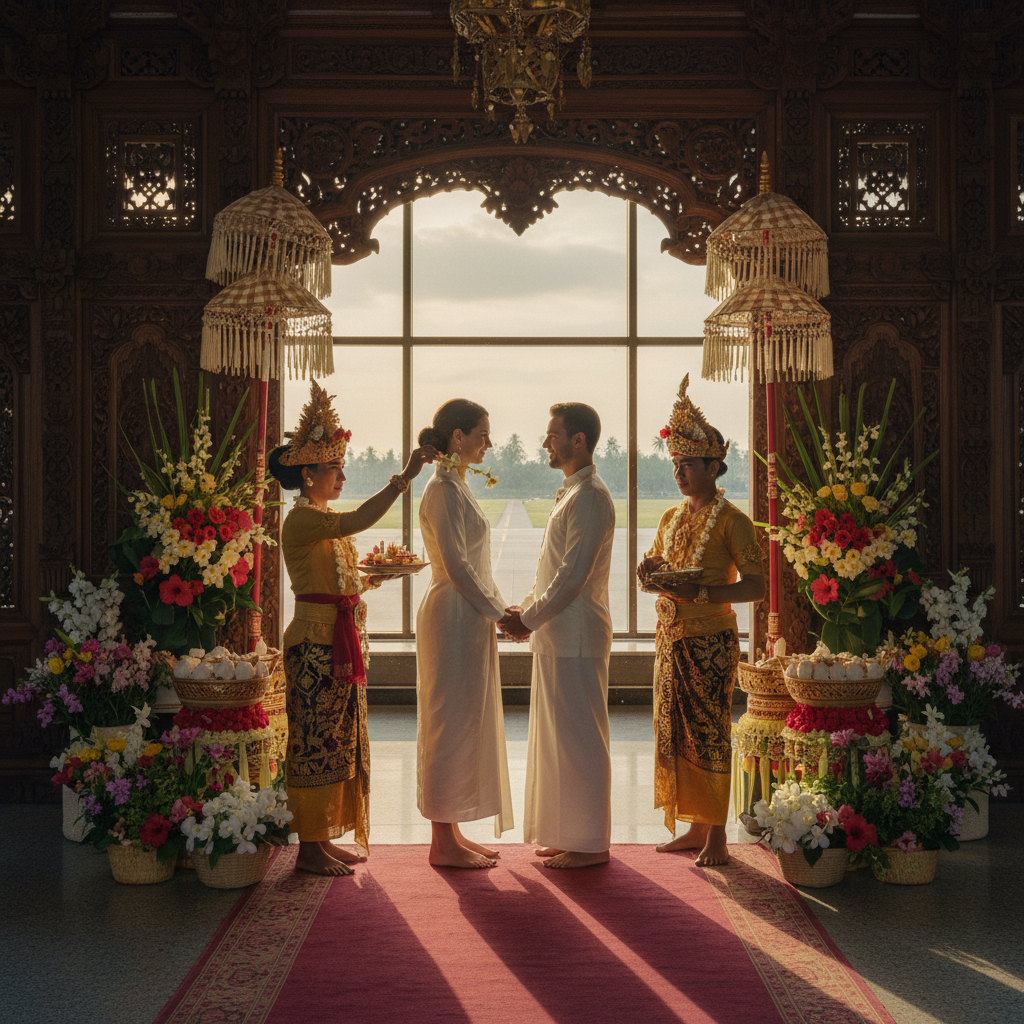 Balinese Pemangku Hindu priest performing vow renewal blessing ceremony for honeymoon couple at temple courtyard with offerings flowers and sacred water